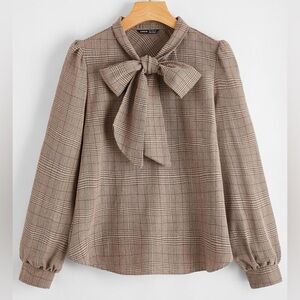 SHEIN Brown Plaid Bow Blouse